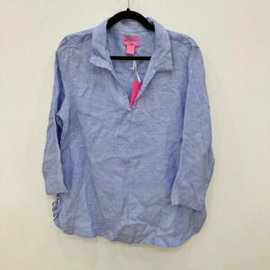 NWT Isaac Mizrahi linen blouse blue Tunic top Sz Large